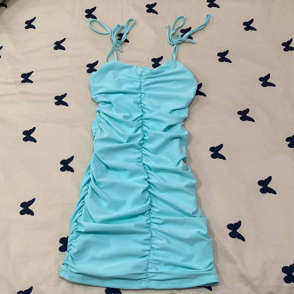 B.DARLIN teal/blue scrunched mini dress